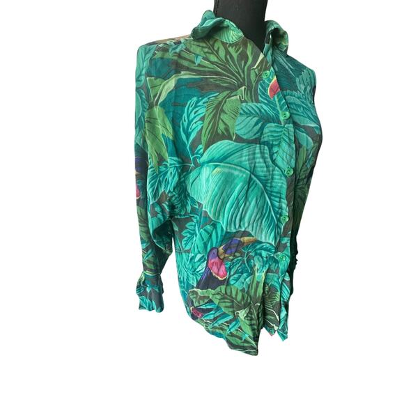 Linda Allard Ellen Tracy Tropical Print Button Down Shirt Toucan & Green Leaves - Picture 4 of 8